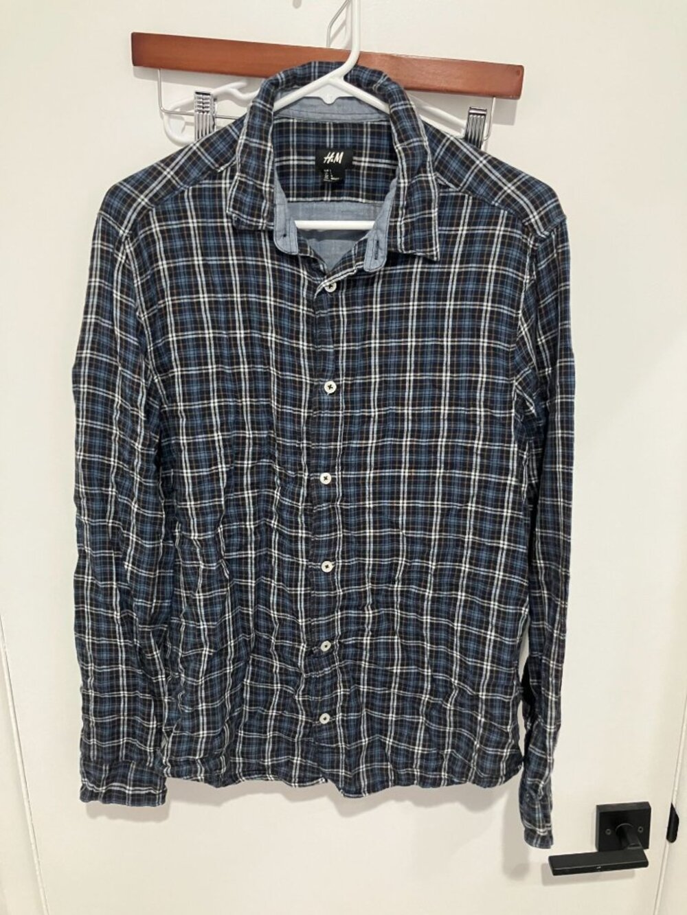 H&M Men's Plaid 100% Cotton Button Down Shirt, Navy Multi, Size Large